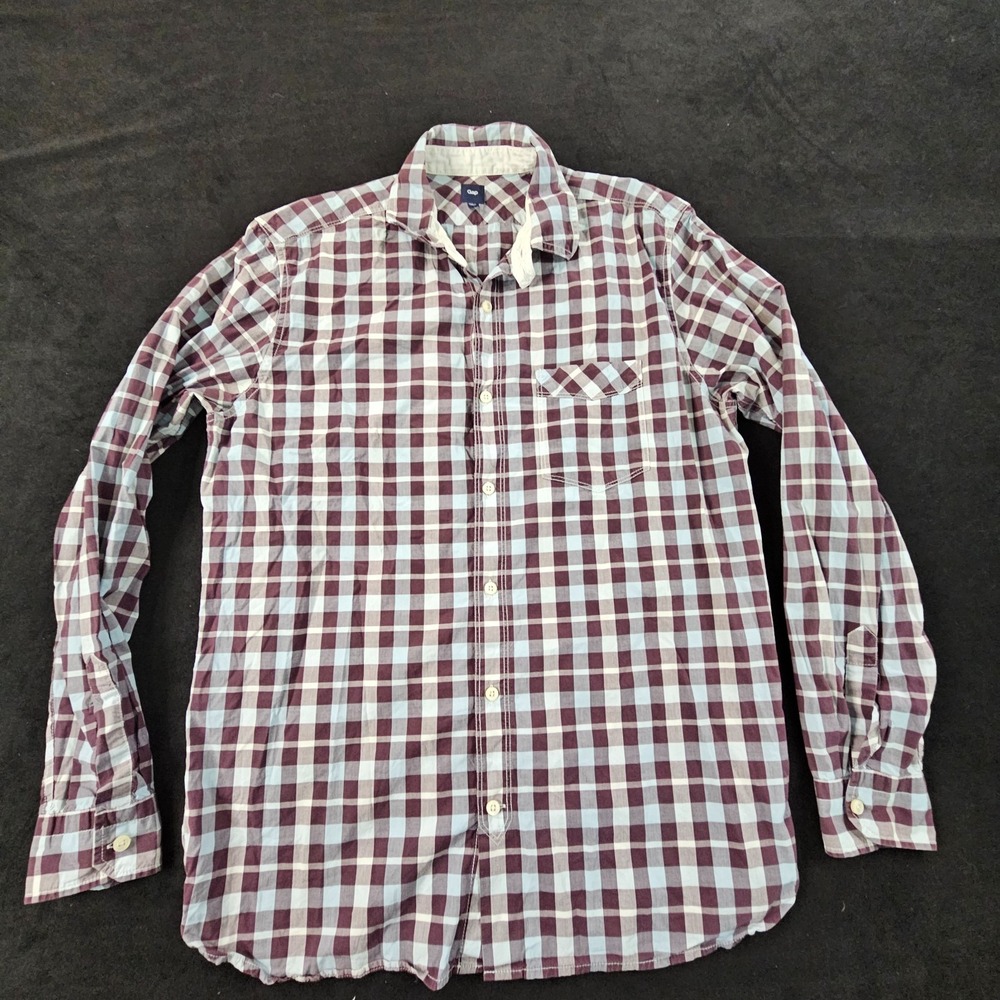 Gap Maroon White Check Long Sleeve Cotton Button-Up Shirt Men's L